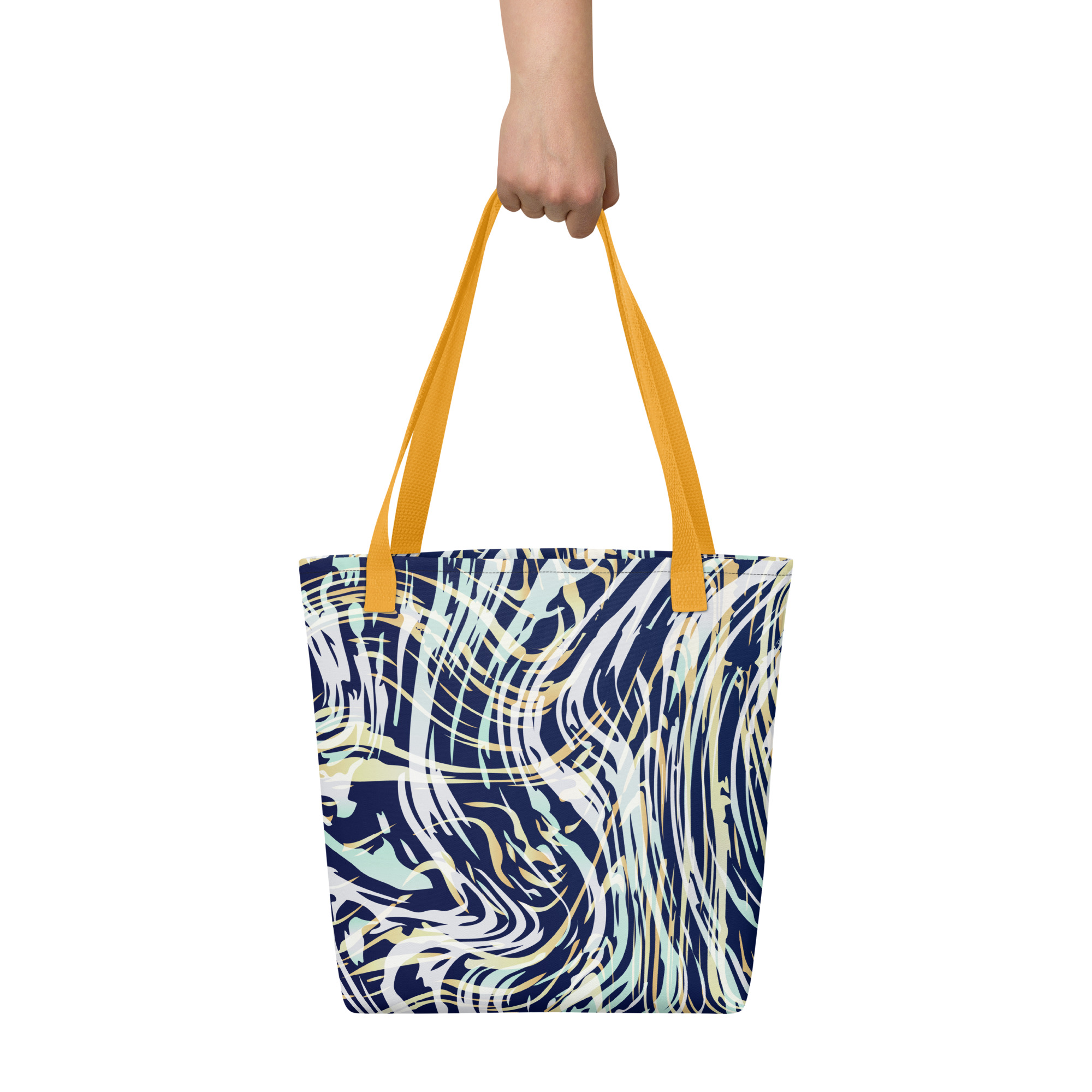 all-over-print-tote-bag-yellow-15x15-front-68af80cf0a0e4.jpg Blue Wave Pattern Tote Bag - Image 1